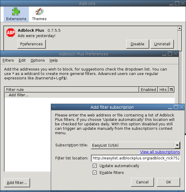 Adblock Plus Subscription Screen